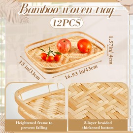 FillTouch 12 Pcs Bamboo Wicker Serving Trays 16.93 x 13 x 1.57 Inch Hand Woven Lap Trays for Eating Rectangular Flat Basket Tray Decorative Bedroom Bed Tray for Eating Dinner Tray Fruit Snack Holder