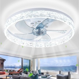 diisunbihuo 20" Modern LED Ceiling Fan with Lights and Remote, Low Profile Dimmable Acrylic Ceiling Fan Flush Mount Bladeless Chandelier Fan Stepless Color Temperature Change and 6 Speeds (White)