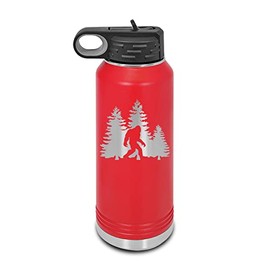 Bigfoot Trees Forest Laser Engraved Water Bottle Customizable Polar Camel Stainless Steel with Straw - sasquatch missing link big foot outdoors camping explore Red 32 oz