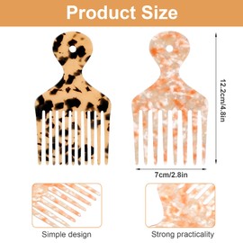 2 Pcs Hair Pick Comb, Wide Tooth Comb for Curly Hair, Brown Orange Tousle Picks, Acetate Pick Combs for Women Men, Styling Hairdressing Tool for Natural Thick Tousle Detangling Lifting, 4.8 Inch