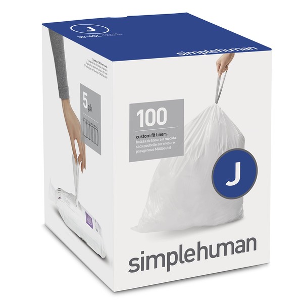 simplehuman Code J Custom Fit Drawstring Trash Bags, 100 Count, 30-45 Liter / 8-12 Gallon, White