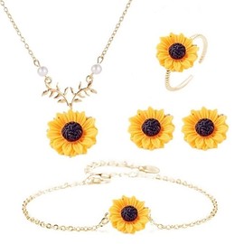 Wedity Sunflower Necklace Sunflower Earrings Ring Flower Bracelets Jewelry Set Adjustable for Women and Girls (Gold)
