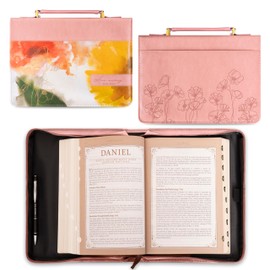 Christian Art Gifts Vegan Leather Fashion Bible Cover Carry Case for Women: His Mercy Never Fails - Lam. 3:22 Inspirational Scripture, Pockets & Pen Storage, Multicolor Watercolor Floral, Pink, Medium