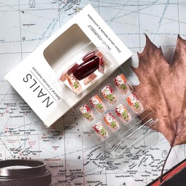 Fall Press on Nails Medium Brown Fake Nails Square Shape False Nail Tips Cute White Brown Flowers Acrylic Nails Full Cover Reusable Stick on Nails for Women Girl Autumn Nail Art Decorations