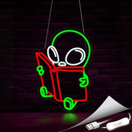 Gdbkabf Alien Reading Book Neon Sign, Neon Signs for Wall Decor Neon LED Signs Room Neon Light Up Signs Home Decor