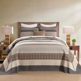 Finlonte 100% Cotton 120"x120" California King Bedspread, Cal Oversized King Bedspread Coverlet Extra Large Quilt Set, Stripe Farmhouse Quilted Bed Spread Lightweight Comforter, Charcoal/Beige, 3 pcs