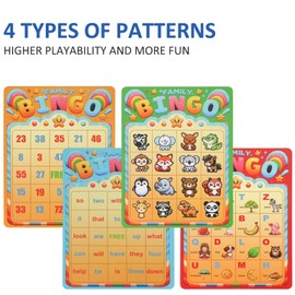 Family Bingo Game for Kids Ages 4-8 | 4-in-1 Educational Bingo Set with Numbers, Words, Letters & Animals | Family-Friendly Board Game for Learning & Fun | 2-4 Players