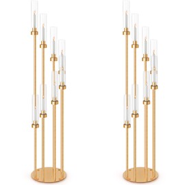 Suclain 2 Sets Floor Candelabra 8 Arms 54 Inch Tall Metal Candle Holders Candlestick Centerpiece for Table Candle Holder with Acrylic Lampshade for Valentine Party Wedding Home Decoration (Gold)