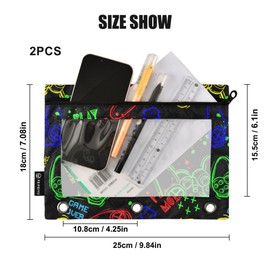 Fisyme Colorful Joysticks Gaming Pencil Pouch for 3 Ring Binder Pencil Case Pencil Bag Zipper Pouch with Clear Window for Office Supplies, 2 Pack