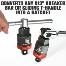 CROM Breaker Bar Ratchet Adapter - Ratcheting Adapter Converts Sliding T-Handle or Fixed Bar into a Reversible Ratchet with Anodized Switch Collar (3/8-Inch Drive)