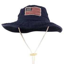Armycrew Frayed American Flag Washed Cotton Boonie Hat with Chin Cord - Navy - Large