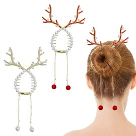 2Pcs Christmas Hair Accessories, Christmas Reindeer Ponytail Bun Holder Claw Clips Supplies, Xmas Hair Accessories for Women, Winter Hair Clip with Rhinestone Pearl Design Metal Hair Clips for Women