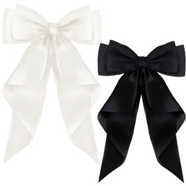 Dinghaole 2 PCS Big Bow Hair Clips for Women Girls - Solid Color French Barrette with Long Silky Satin - Simple Hair Fastener Accessories- Stylish Trendy Hair Clips for All Occasions