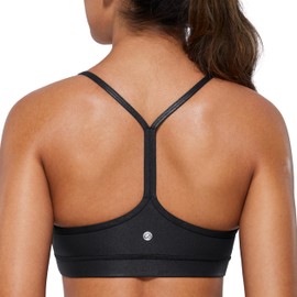 CRZ YOGA CRZ YOGA Butterluxe Womens Y Back Sports Bra - Padded Racerback Low Impact Spaghetti Thin Strap Workout Yoga Top Faux Leather Black Medium