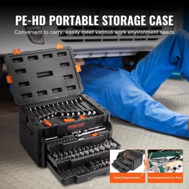 VEVOR Mechanics Tool Set and Socket Set, 1/4" 3/8" 1/2" Sockets, 145/205/450 Pcs SAE & Metric Tools, Storage Case, Accessories Included:_1/4"、3/8" - 221 Pcs