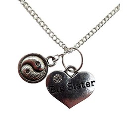 Silver Plated Necklace Big Sister Love Heart Gem Charm Yin Yang
