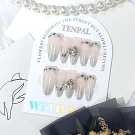 TENPAL French Tip Press On Nails Long Stiletto Nude Glitter Fake Nails With Ombre Cat Eye False Nails With Luxury Diamond 10pcs/Box Acrylic Stiletto Stick on Nails For Women Girls Daily Wear(L)