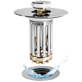 Anlige Bathroom Sink Drain Strainer, 3 in 1 Pop Up Bathroom Sink Stopper with Removable Brass Basket Hair Catcher, Universal Sink Plug for 1.06 to 1.6in Drain Hole, Chrome Silver