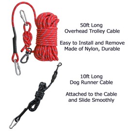 Coloch Dog Tie Out Cable for Camping, 50ft Reflective Overhead Trolley System with 10ft Dog Runner Cable Portable Dog Leads Up to 300lbs, for Yard, Park, Camping, Outdoor Activity, Red