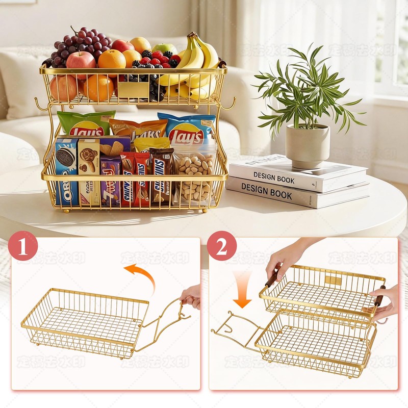 2-Tier Stackable Wire Basket with 2 Banana Hooks, Pantry Organizer
