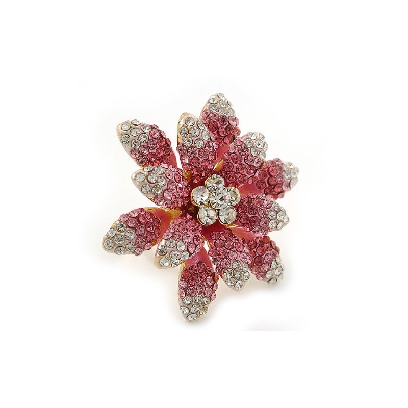 Avalaya Large Dimensional Clear/Pink Diamante Narcissus Cocktail Ring In Gold