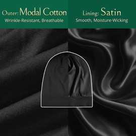 Joyhabit Satin Bonnet for Sleeping, Black, Breathable Modal Cotton Outside and Silk-Like Smooth Satin Inside for Women and Men, All-Season Stylish Design with Adjustable Strap