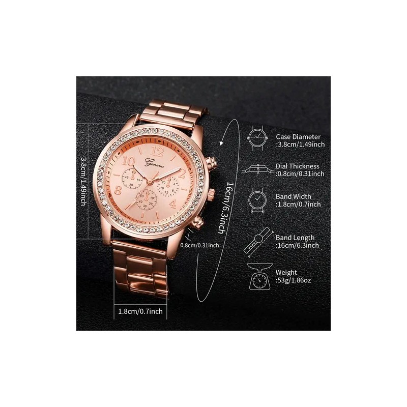 Set Regalo Mujer Reloj Collar Anillo Aretes Oro Rosa Rose