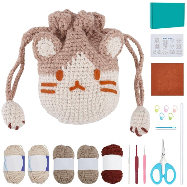 ORIGACH Cat Drawstring Bag Crochet Set for Beginners, Cute Cat