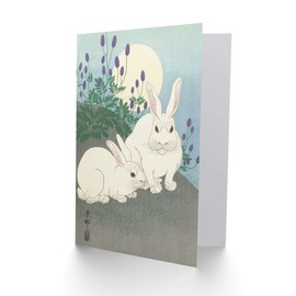 Ohara Koson Rabbits Full Moon Japanese Woodcut Fine Art Greeting Card Plus Envelope Blank Inside