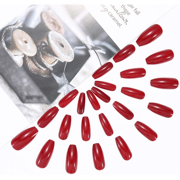 Neckon Valentine's Day Coffin Long Artificial Nails Red Artificial Nails Ballerina Acrylic Press On Nails Full Cover Stick On Nails 24 Pieces for Women and Girls