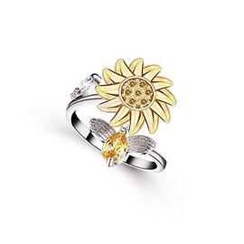 Pingyongchang Anxiety Ring for Women Spinner Fidget Rings for Anxiety Stress Relief for Teens with Cute Sunflower Bee Bead Adjustable CZ Flower Stackable Rings-A