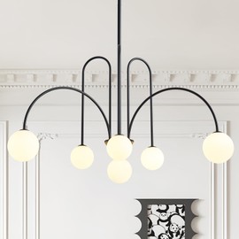 HCCZ Modern Black Sputnik Chandelier 6-Light Mid Century Chandelier for Dining Room with Milky Glass Globe Ceiling Pendent Light Fixture for Living Room Kitchen Island Foyer Bedroom