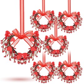 6 Pcs Valentine's Day Heart Wreath Artificial Red Berries Heart Wreath Kitchen Cabinet Wreaths Hanging Valentines Day Wreaths for Front Door Window Wedding Birthday Home Decoration