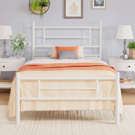 Allewie 14 Inch Twin Size Metal Platform Bed Frame with Headboard and Footboard, Underbed Storage, Strong Metal Slats Support, Mattress Foundation, No Box Spring Needed, Easy Assembly, White