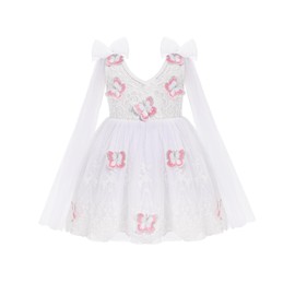 Infant Butterfly Lace Tulle Dress Bow Tulle Sleeve Baby Flower Girl Wedding Dress Toddler Easter First Birthday Communion Christening Outfits Kids Baptism Pageant Ball Gown White 2-3 Years
