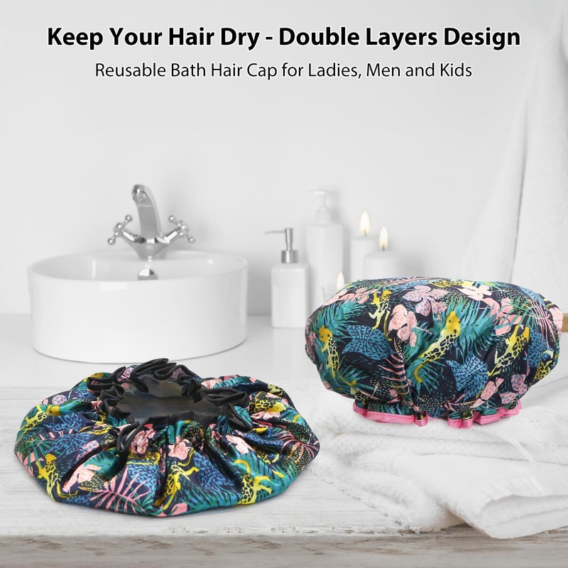 2 Packs Shower Cap Elastic Band Waterproof Bath Caps Double