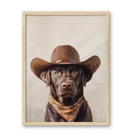 iHery Natural OAK Wood Labrador Dog Cowgirl Hat Framed Wall Art, 12x16 in Neutral Aesthetic Western Trendy Canvas Wall Art Decor For Bedroom, Funky Cute Dog Prints Bathroom Living Room Set of 1