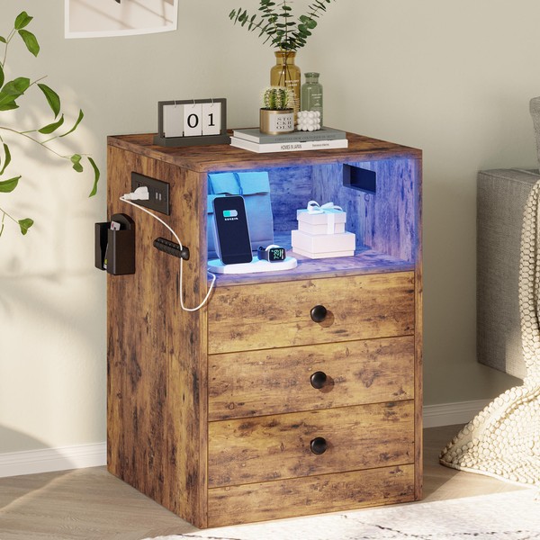 LIKIMIO Nightstand with Charging Station and 3 Drawers, LED Lights