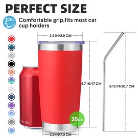 Volhoply Vaso de Acero Inoxidable de 20oz con Tapa y Pajita,590ml Taza de Café Helado de Viaje con Doble Pared Aislante Apta para Portavasos de Coche, Bebidas Frías y Calientes(Rojo,1 Paquete)