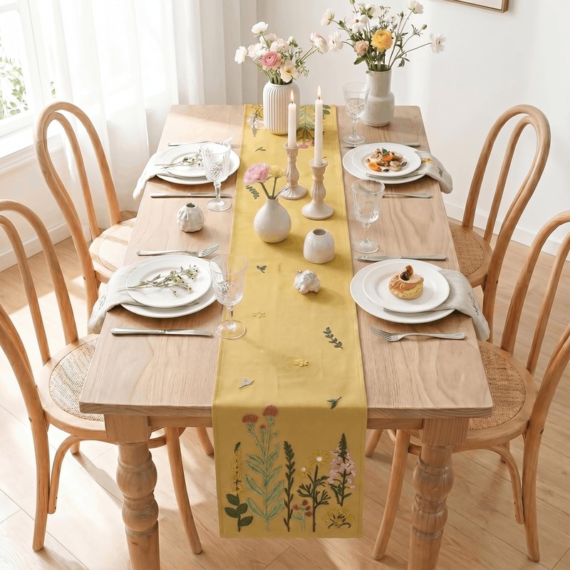 Light Camel Soft Chain Embroidery Wild Floral Spring Table Runner,