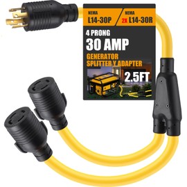 Kanayu 4 Prong 30 Amp Generator Splitter Y Adapter Cord Compatible with Nema L14-30p to 2X L14-30r, Generator Locking Power Adapter Cord for Manual Transfer Switch, Outages Sjtw 10 Awg/4 C, 2.5 ft