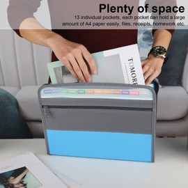 NAFY Expanding File Folders, 2Pack, 13 Pockets, A4 Letter Size, Portable Accordion, Zipper, Multicolor Labels, Office School Supplies, Black+Blue