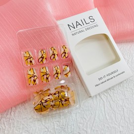 24Pcs Square Press on Nails Short Fake Nails with Designs Brown Lines Glue on Nails Yellow Acrylic False Nails Gold Artificial Nails Glossy Full Cover Stick on Nails for Coquette Women