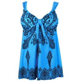 QZUnique Women's Plus-Size Tankini Swimsuit Two Piece Floral Print Swimwear High-Waisted Tummy Control Swimdress Flowy Bathing Suit with Shorts