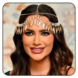 Fashey Boho Head Chain Pearl Hair Chain Gold Leaf Tassels Headpiece Bridal Headband Festival Hair Accessories for Women and Girls
