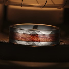 King Will 8mm Mens Silver Tungsten Carbide Ring Really Nature Koa Wood Inlay Wedding Bands for Men Hammered Multi-Faceted Finish edge 9.5