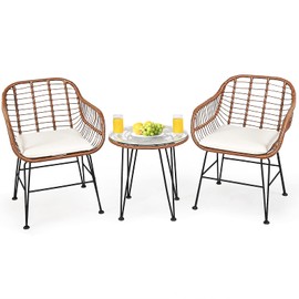 Happygrill 3 Pieces Patio Bistro Set PE Rattan Wicker Armchairs and Coffee Table Set with Cushions for Garden Backyard Balcony Poolside