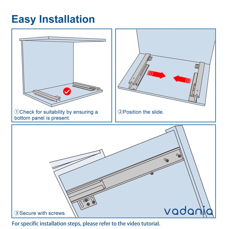 VADANIA 24" Undermount Drawer Slide, Soft Close, Bottom Mounted &