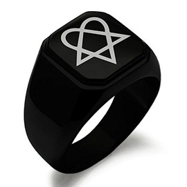 Tioneer Black Plated Stainless Steel Heartagram Symbol Square Flat Top Signet Biker Rings for Men, Size 12.5