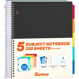 SUNEE 5 Subject Graph Paper Notebook - 400 Pages, 9"x11", 4x4 Graph Ruled Notebook, 5 Pocket Colored Dividers, 3-Hole Punched Paper, Black